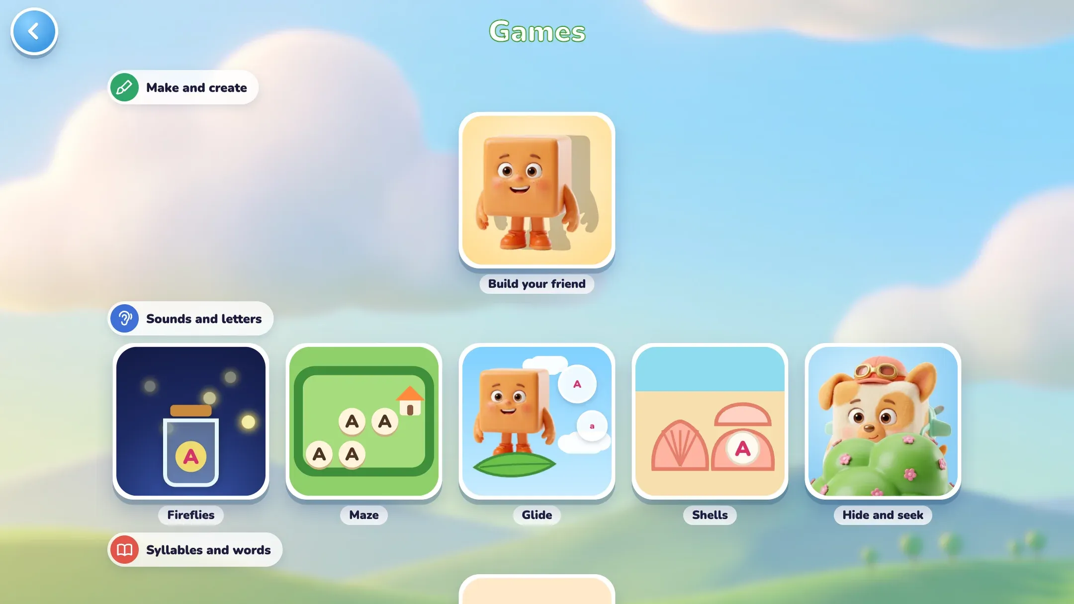 The games corner: colouring, puzzle, fireflies, maze, glide, shells, hide and seek